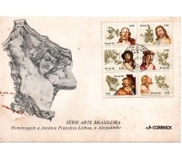 Fdc/Cartela 216 Série Arte Brasileira, Homenagem a Antônio Francisco Lisboa, o Aleijadinho,  com dois carimbos MG, peça muito difícil de achar, veja aos pontos de ferrugem, está intacta, carimbo BA 23.102