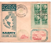 1938 Envelope RARÍSSIMO Exposição Filatélica Internacional RJ com 4 Carimbos e uma quadra do selo C132 - 27.121