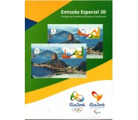 B197/198  Cartela Emissão Especial em 3D Entrega das Bandeiras Olímpica e Paralímpica 27.388 Mint  "Acompanha Óculos Especial "